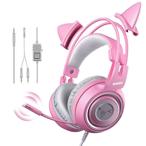 SOMIC G951s Pink Girl Cat Ear Gaming Headphone 3.5mm Plug Cute Headset for PC Xbox one PS4 Phone Pad Girl Kids Gaming Headset