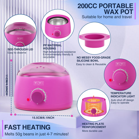 Hair Removal Wax Warmer 200CC WUWUVISTA Professional Wax Warmer Machine With 7oz Silicone Bowl Portable Hot Wax Heater